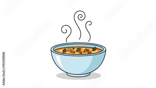 Bowl of hot steaming vegetable soup with fresh green herbs served in a light blue ceramic bowl on white background.