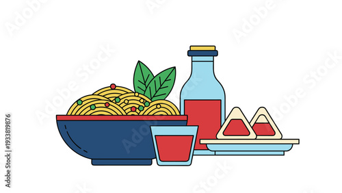 Italian dinner set featuring a bowl of spaghetti with herbs, a bottle of red wine, and glasses of wine on white.