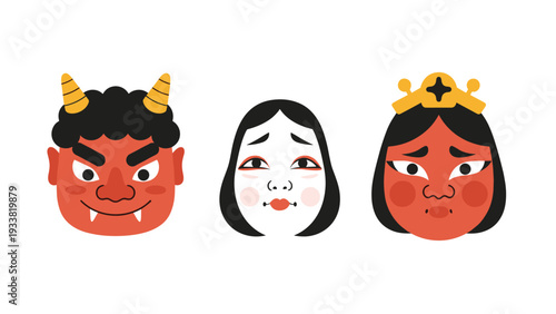 Collection of three traditional Japanese masks including a red demon oni, a white lady otafuku, and a royal figure.