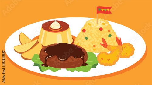 Colorful kid-s meal platter including a hamburger steak, fried rice, pudding, potato wedges, and fried shrimp on orange.