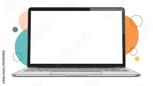 Sleek modern laptop with a large blank screen displayed against a creative background of colorful abstract circles and lines.