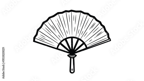 Classic decorative folding fan illustration in black and white line art showing the open pleats and detailed wooden handle.
