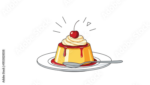Delicious caramel pudding dessert topped with a swirl of whipped cream and a bright red cherry on a white plate.