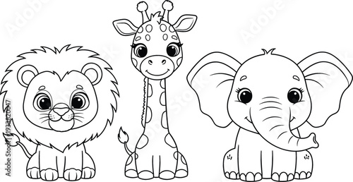 Cute baby safari animals coloring page with lion, giraffe and elephant, adorable cartoon line art illustration for kids coloring book and nursery designs