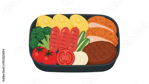 Colorful bento box packed with assorted foods like rolled omelet, sausages, fried meat, broccoli, and fresh tomatoes.