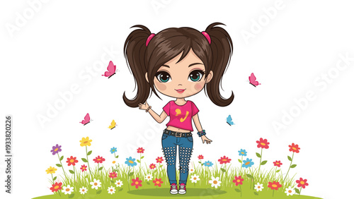 Cute cartoon girl with pigtails standing in a sunny meadow of colorful flowers with butterflies fluttering around her happily.