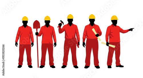 Construction Workers in Red Uniforms.