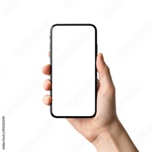 A gender-neutral hand securely holding a modern black smartphone with a blank white screen, flat lay macro shot on a seamless transparent infinity background, ultra realistic product advertising