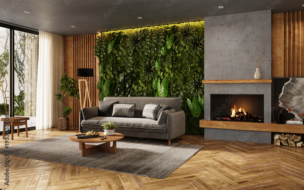 Fototapeta premium Vertical Green Wall in modern living room interior, 3d render