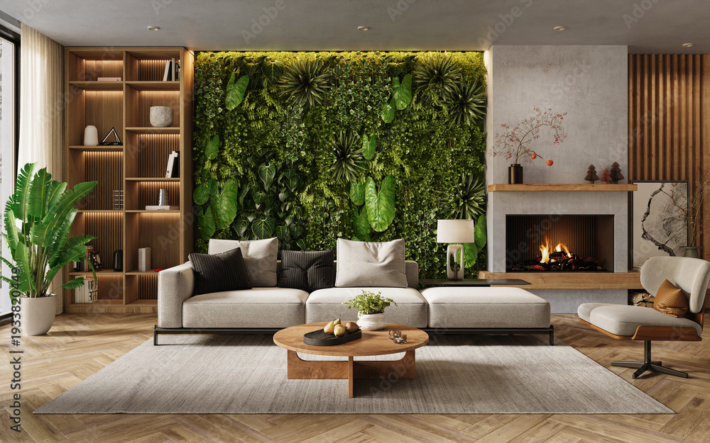 Fototapeta premium Vertical Green Wall in modern living room interior, 3d render