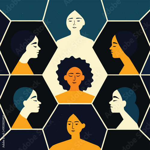 Flat pastel illustration of diverse women faces in mosaic pattern symbolizing inclusion equality representation cultural diversity unity and female empowerment concept for women day.