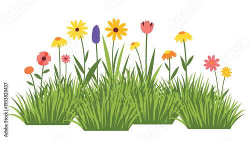 Vibrant and cheerful illustration of a flower bed with various colorful wildflowers growing in lush green grass on a white background.