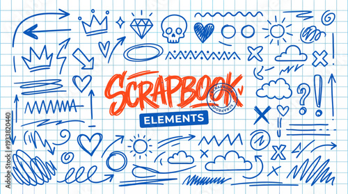 Blue hand-drawn Scrapbook Elements doodle illustration featuring crowns, hearts, stars, arrows, circles and decorative icons for crafts and scrapbooking