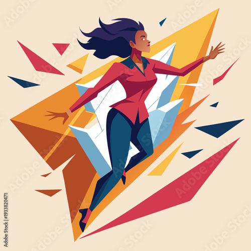 Dynamic woman breaking through geometric frame symbolizing courage empowerment freedom and overcoming barriers in bold modern flat vector illustration.