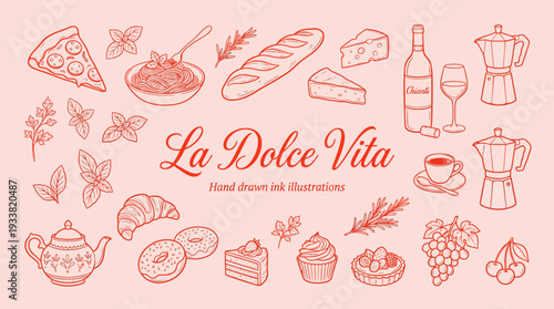 La Dolce Vita: Hand-drawn pink Italian food and drink icons collage with pizza, cheese, bread, grapes, pasta, wine and coffee