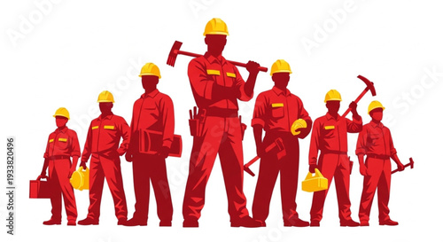 Construction Workers in Red Uniforms.