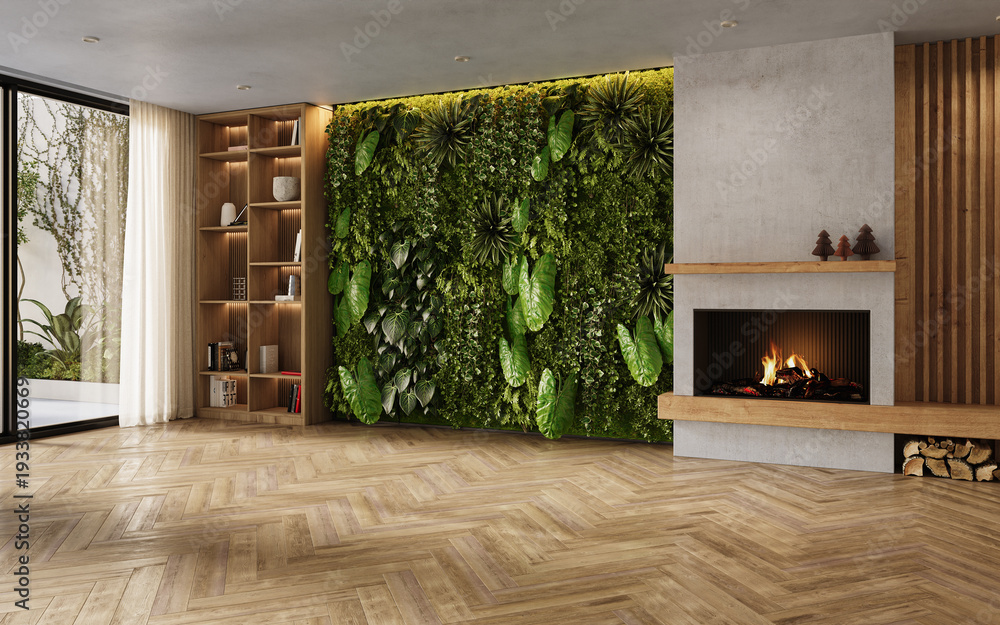 Fototapeta premium Vertical Green Wall in modern living room interior, 3d render