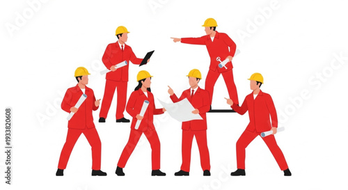 Construction Workers in Red Uniforms.
