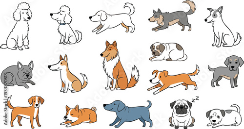 Cute cartoon dogs set with different breeds and poses, playful puppy characters illustration for kids, nursery, pet and animal design