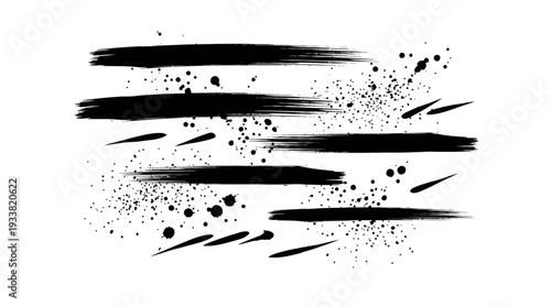 Modern Abstract Black Brush Strokes with Ink Splatter on White Background