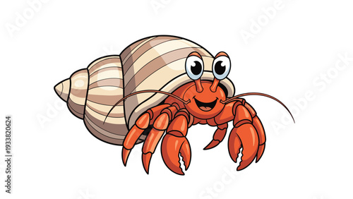 Cute cartoon hermit crab with big eyes and a friendly smile, peeking out of its striped spiral seashell, isolated on a white background.