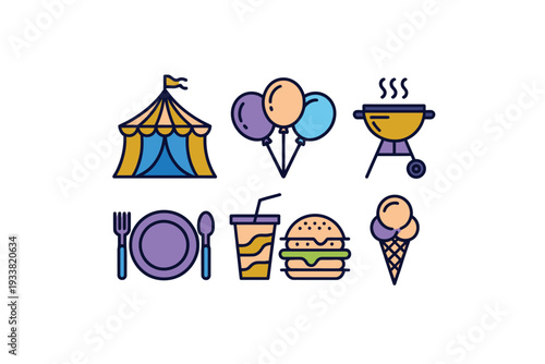 A colorful illustration of a fun fair with food and entertainment icons