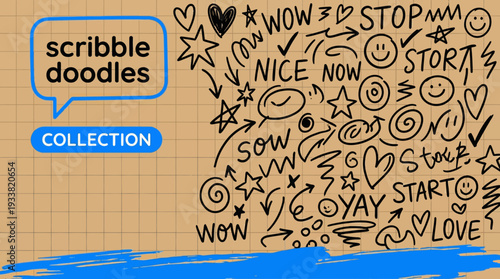 Hand-drawn scribble doodles collection on kraft paper background with hearts, speech bubbles, and word art