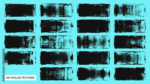 Abstract cyan ink roller textures arranged in a grid, distressed grunge backgrounds for design and photography projects