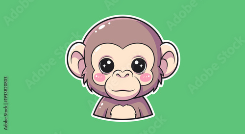 Adorable cartoon monkey face with cheeky expression on a vibrant green background illustration