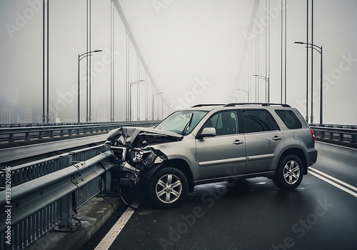 Damaged silver SUV car crash accident scene on a misty highway bridge at daytime