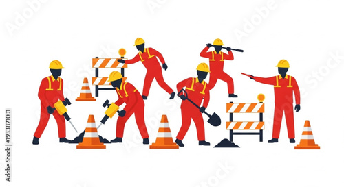 Construction Workers in Red Uniforms.