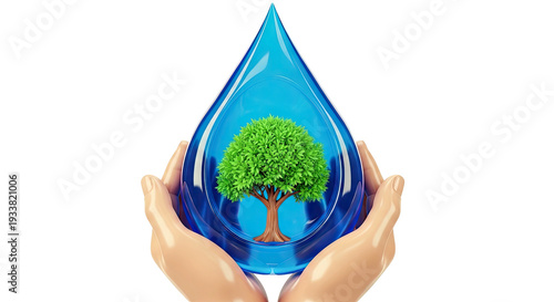 Hands holding a water droplet with a tree inside