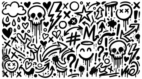 Energetic black-and-white doodle collage featuring skulls, hearts, lightning bolts, arrows and a variety of quirky icons