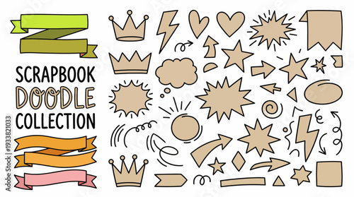 Scrapbook Doodle Collection: decorative banners, crowns, ribbons, hearts, stars, speech bubbles, labels, bursts and doodle shapes for crafts, journaling and card making