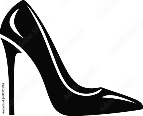 W"Black silhouette of elegant stiletto high heel shoe with pointed toe, sleek fashion footwear design illustration symbolizing style, femininity, elegance, and modern fashion concepts"