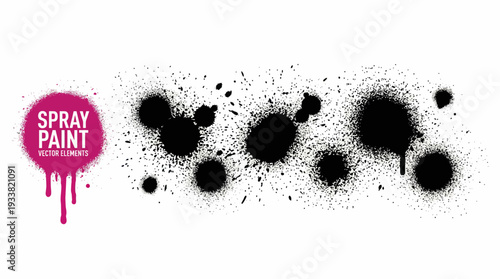 Dynamic black spray paint splatter background with a pink spray paint logo on a white canvas