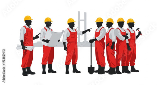 Construction Workers in Red Overalls.