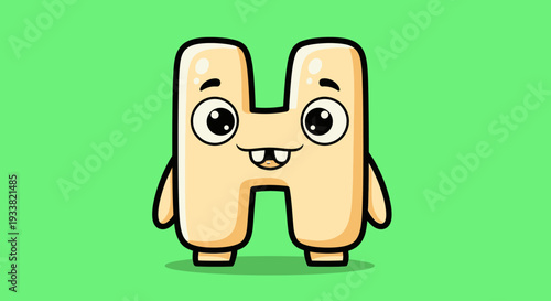 The letter H is illustrated with a cute, anthropomorphic style and bright green background from a front viewpoint.