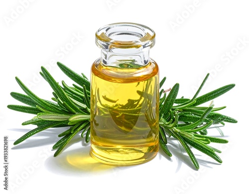 A small, glass bottle filled with a yellow liquid, resting amid sprigs of green, needle-like herbs, against a white background