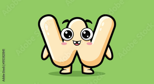 A cartoon character with a surprised expression is standing on a green background happily waving both hands