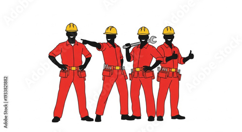 Construction Workers in Red Uniforms.