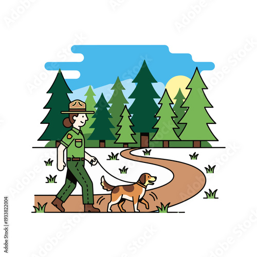Park Ranger and Companion: A park ranger strides along a winding path, her canine companion trotting faithfully beside her, surrounded by a vibrant woodland landscape. 