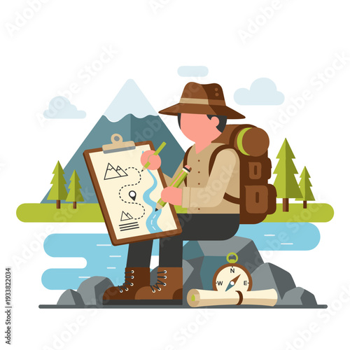 Explorer Cartography: An adventurer sketching a map while exploring a mountainous landscape, capturing the essence of cartography and exploration.