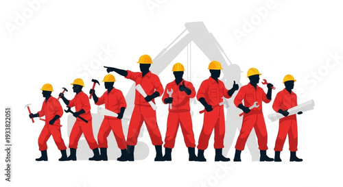 Construction Workers in Red Uniforms.