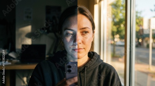 Woman experiencing digital and physical reality contrast