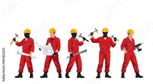 Construction Workers in Red Uniforms.