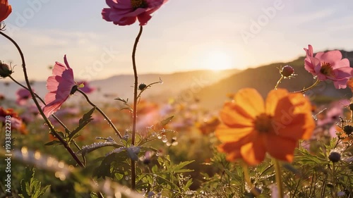 Beautiful Cosmos Flowers Swaying in the Breeze During Sunrise in Slow Motion