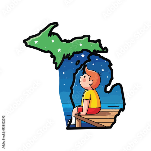 A young boy sits alone on a bench in the shape of Michigan, contemplating the starry night sky and serene water
