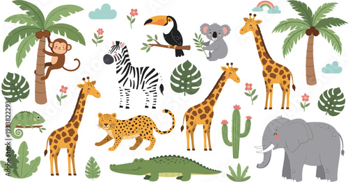 Cute jungle and safari animals vector illustration with giraffe elephant zebra monkey toucan crocodile and tropical plants for kids design