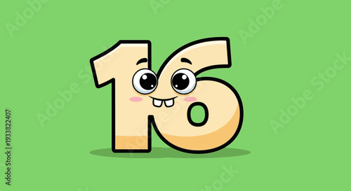 A cartoon number 16 with a smiling face on green background illustration viewed from front